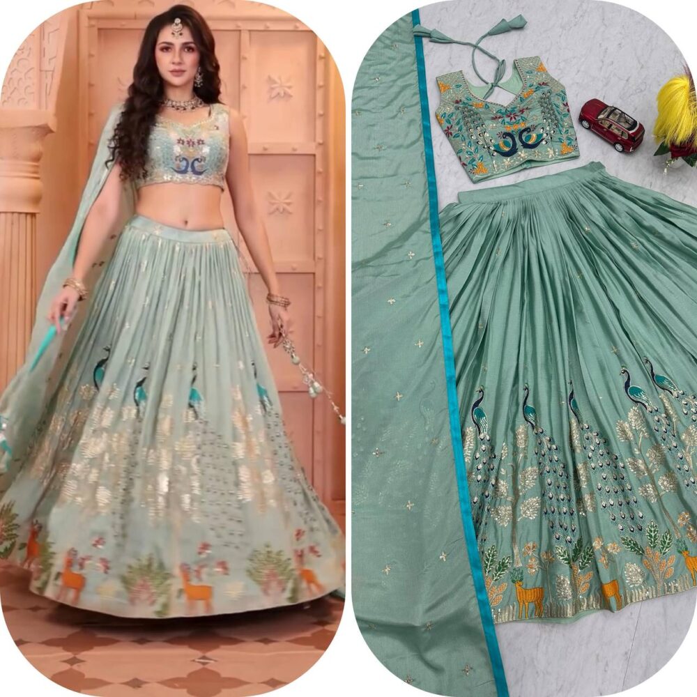 Aqua Blue Embroidered Chaniya Choli Set with Peacock Motif Blouse - Image 4