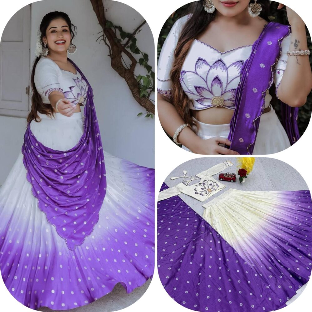 White & Purple Ombre Lehenga Set with Lotus Embroidered Blouse - Image 11