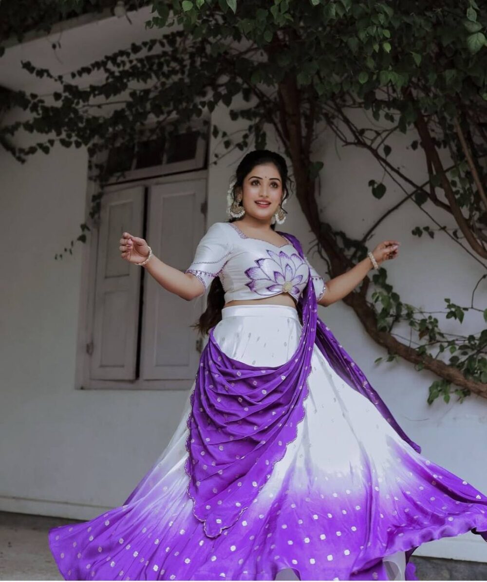 White & Purple Ombre Lehenga Set with Lotus Embroidered Blouse