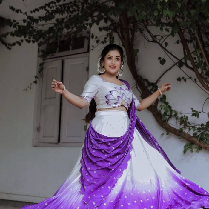 White & Purple Ombre Lehenga Set with Lotus Embroidered Blouse