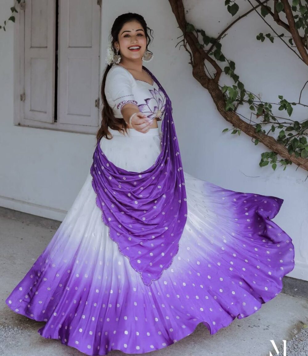 White & Purple Ombre Lehenga Set with Lotus Embroidered Blouse - Image 8