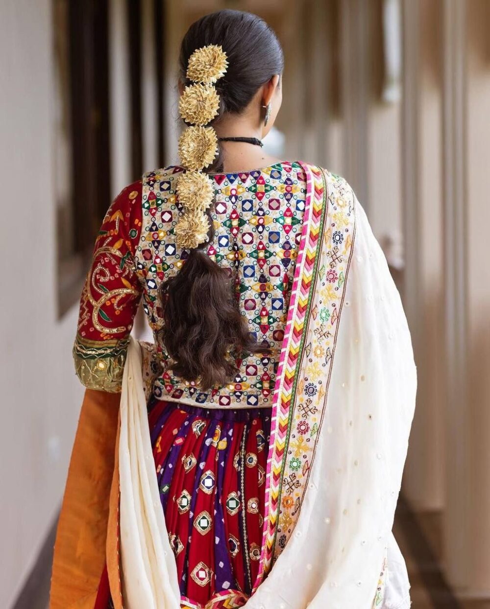 White Traditional Embroidered Chaniya Choli Set with Turquoise Dupatta - Image 3