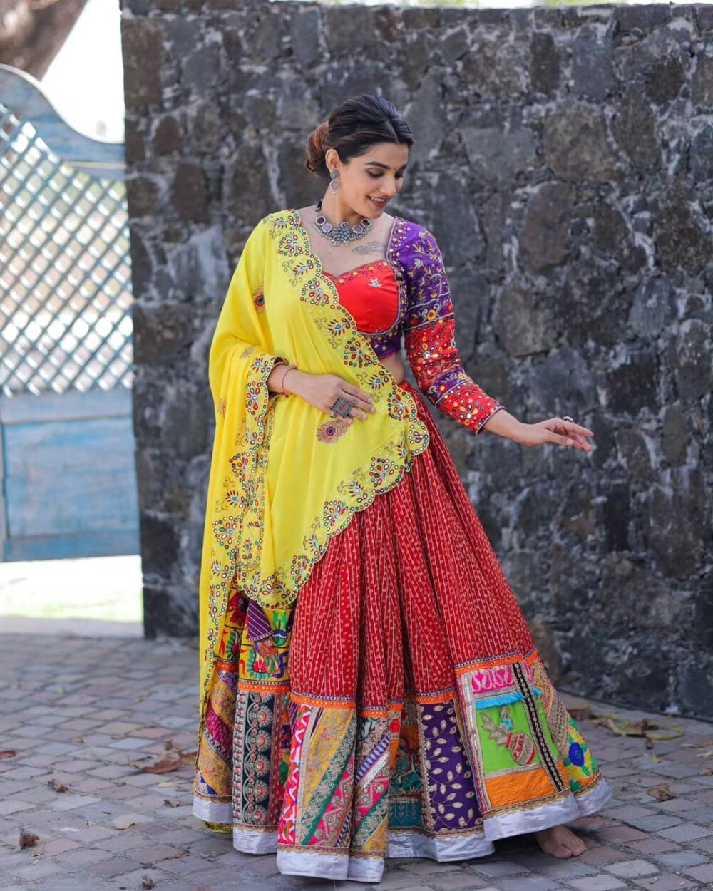 Multicolor Handcrafted Embroidered Traditional Chaniya Choli Set with Yellow Dupatta - Image 4