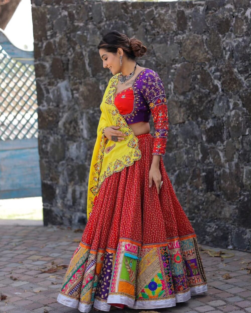 Multicolor Handcrafted Embroidered Traditional Chaniya Choli Set with Yellow Dupatta - Image 3
