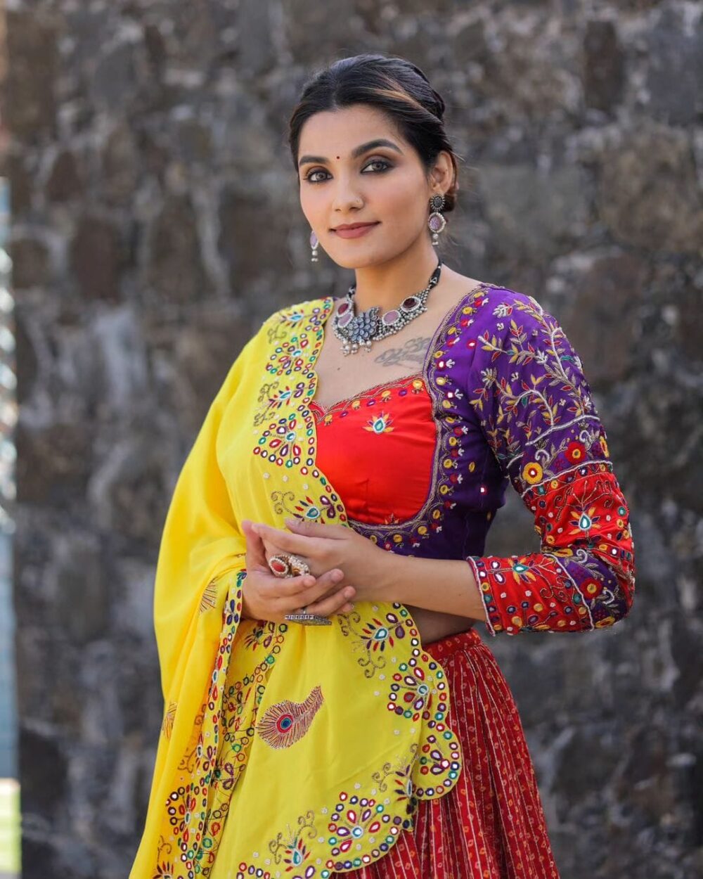Multicolor Handcrafted Embroidered Traditional Chaniya Choli Set with Yellow Dupatta