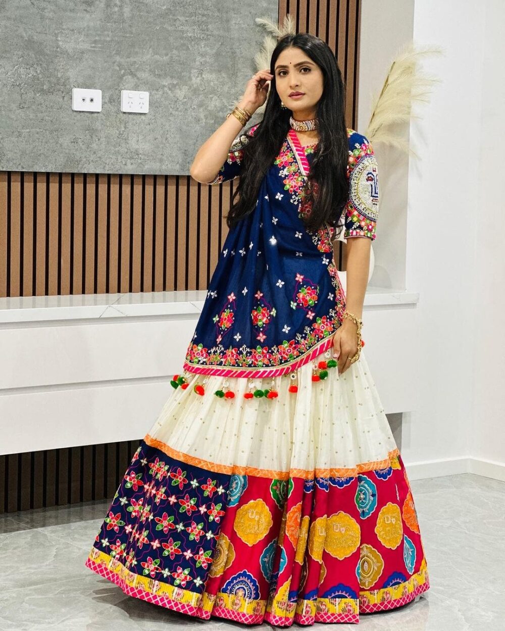 Navy Blue & Multicolor Embroidered Festive Lehenga Choli Set - Image 6