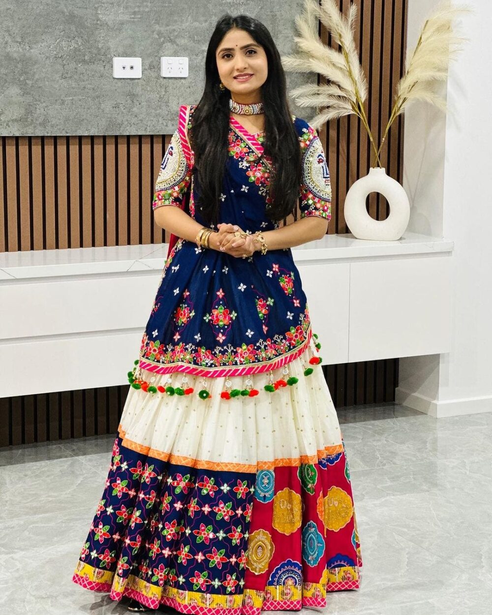 Navy Blue & Multicolor Embroidered Festive Lehenga Choli Set - Image 5
