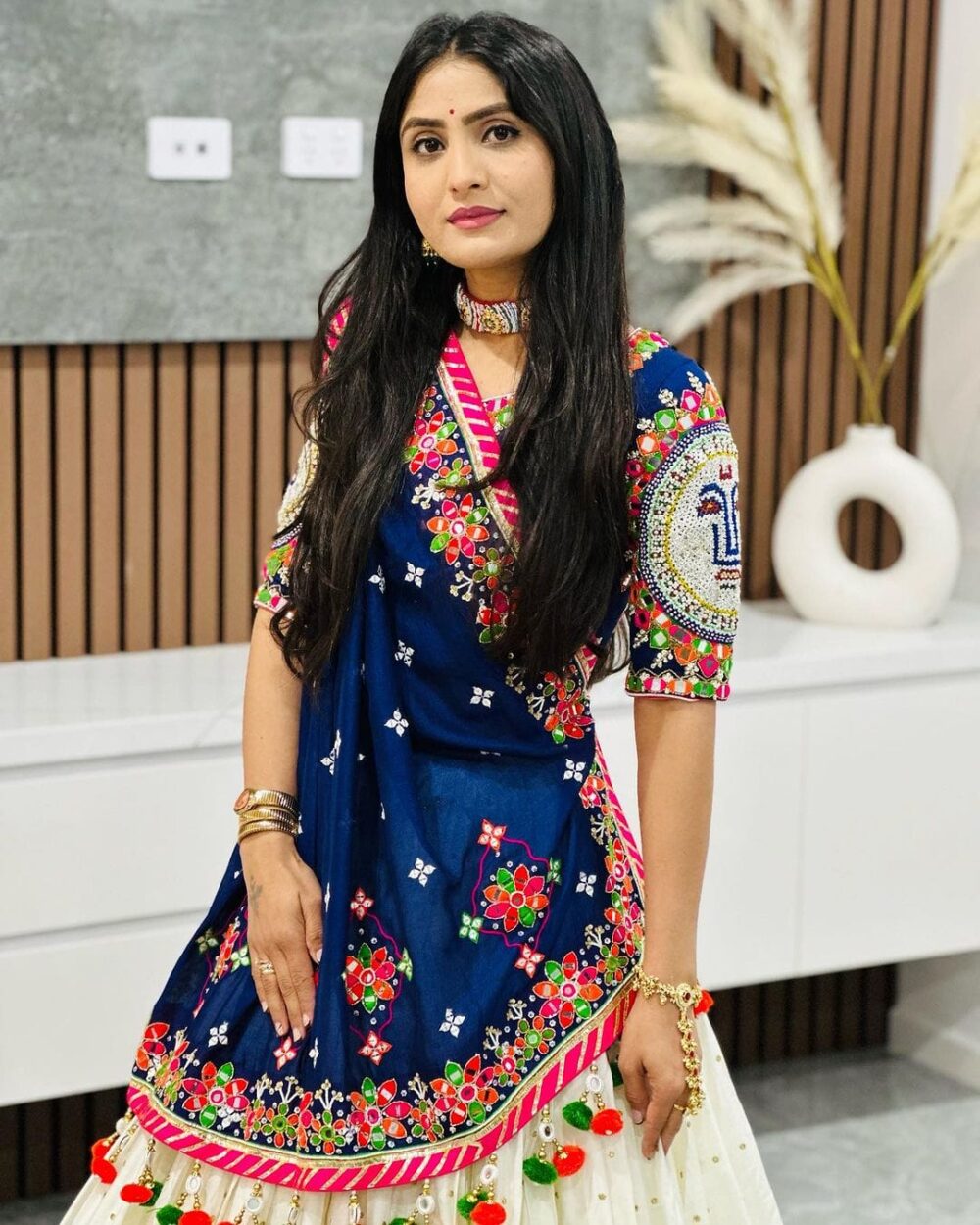 Navy Blue & Multicolor Embroidered Festive Lehenga Choli Set