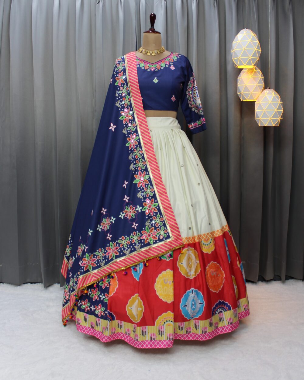 Navy Blue & Multicolor Embroidered Festive Lehenga Choli Set - Image 3