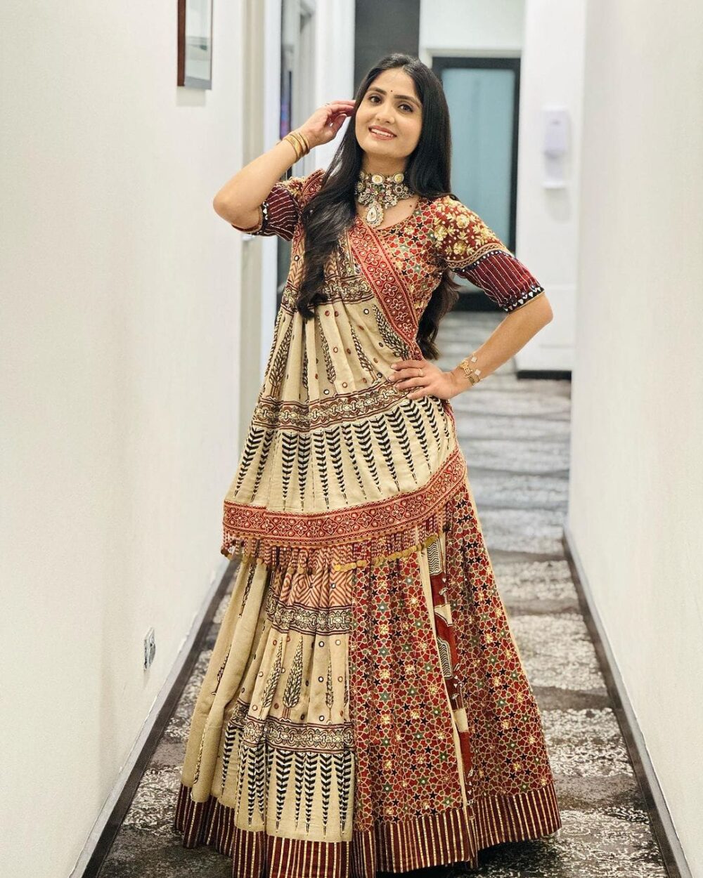 Beige & Maroon Traditional Ajrakh Print Lehenga Set - Image 5