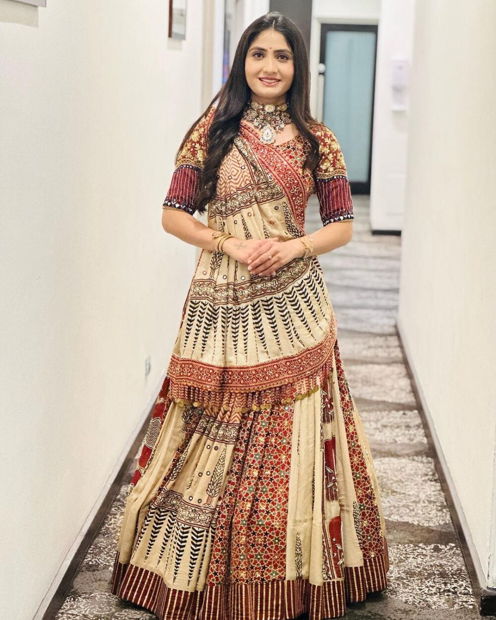 Beige & Maroon Traditional Ajrakh Print Lehenga Set - Image 4