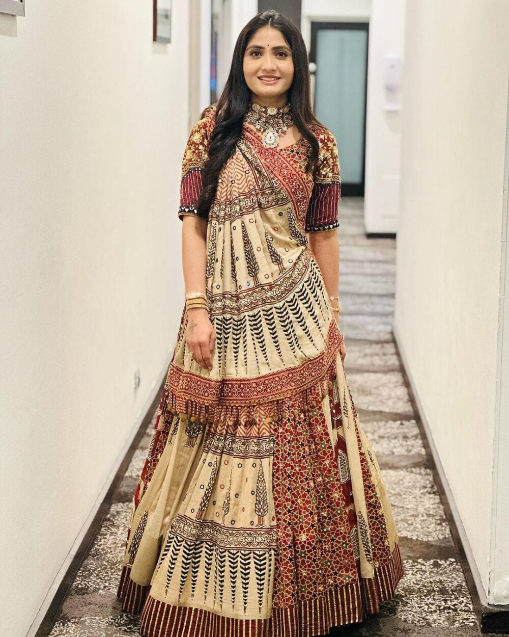 Beige & Maroon Traditional Ajrakh Print Lehenga Set - Image 3