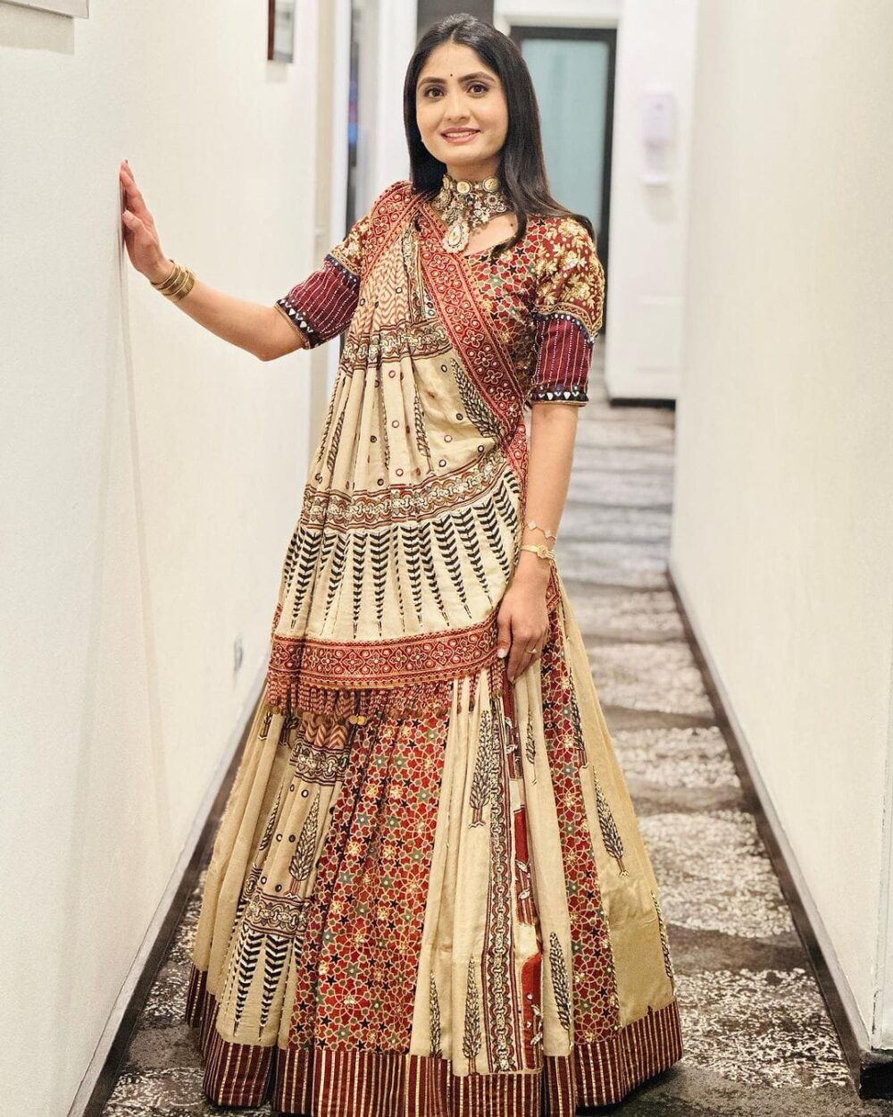 Beige & Maroon Traditional Ajrakh Print Lehenga Set - Image 2