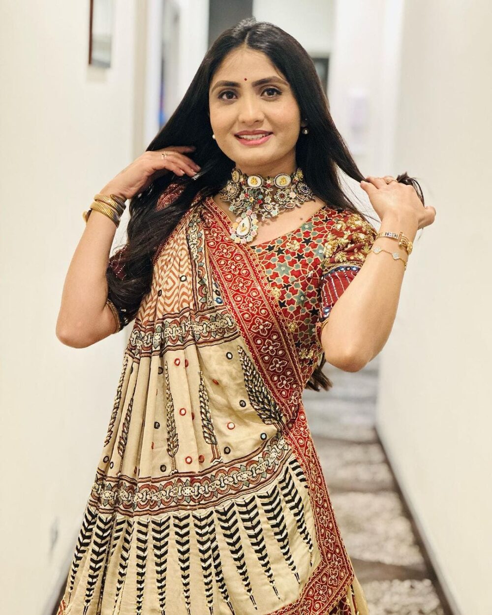 Beige & Maroon Traditional Ajrakh Print Lehenga Set