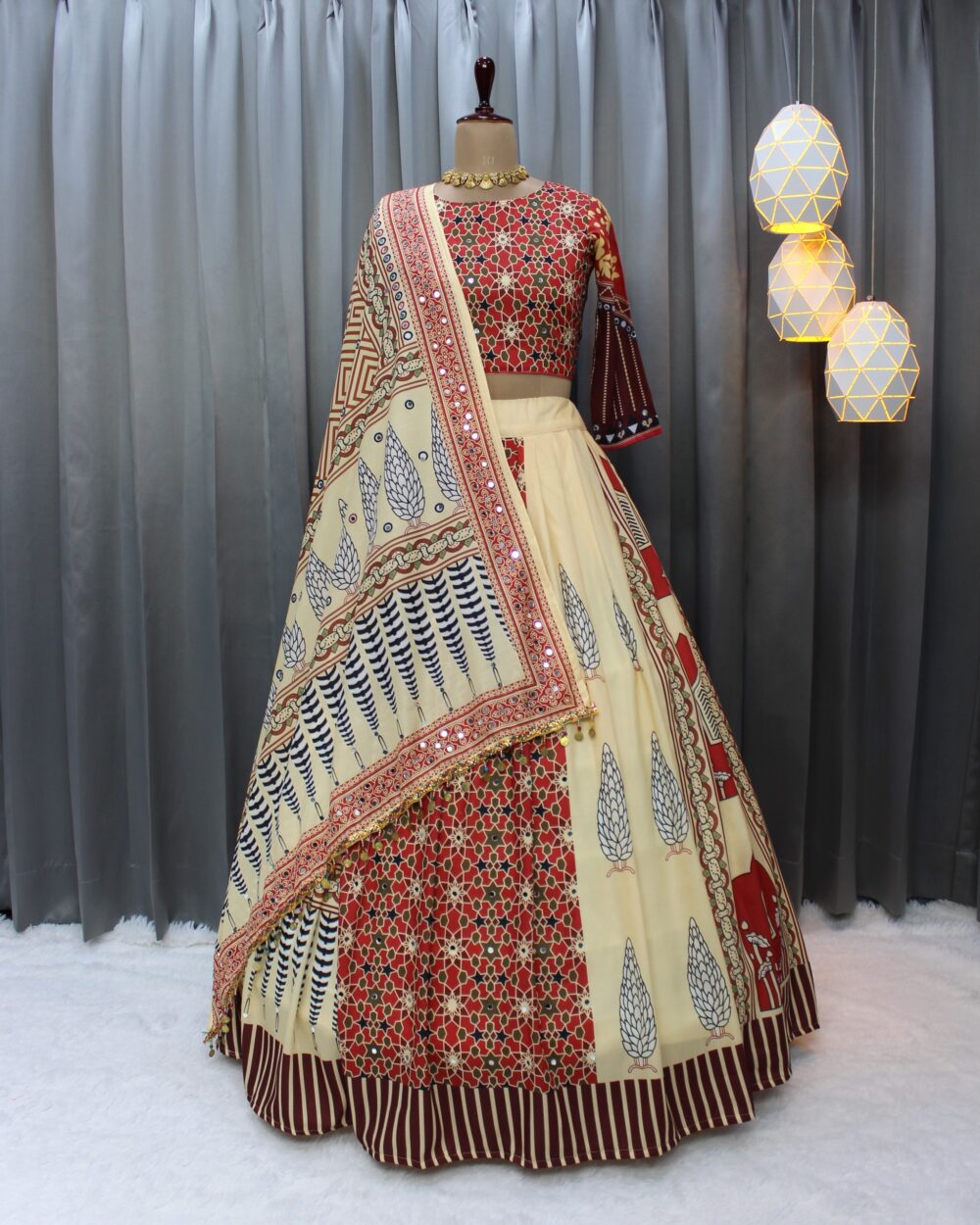 Beige & Maroon Traditional Ajrakh Print Lehenga Set - Image 8