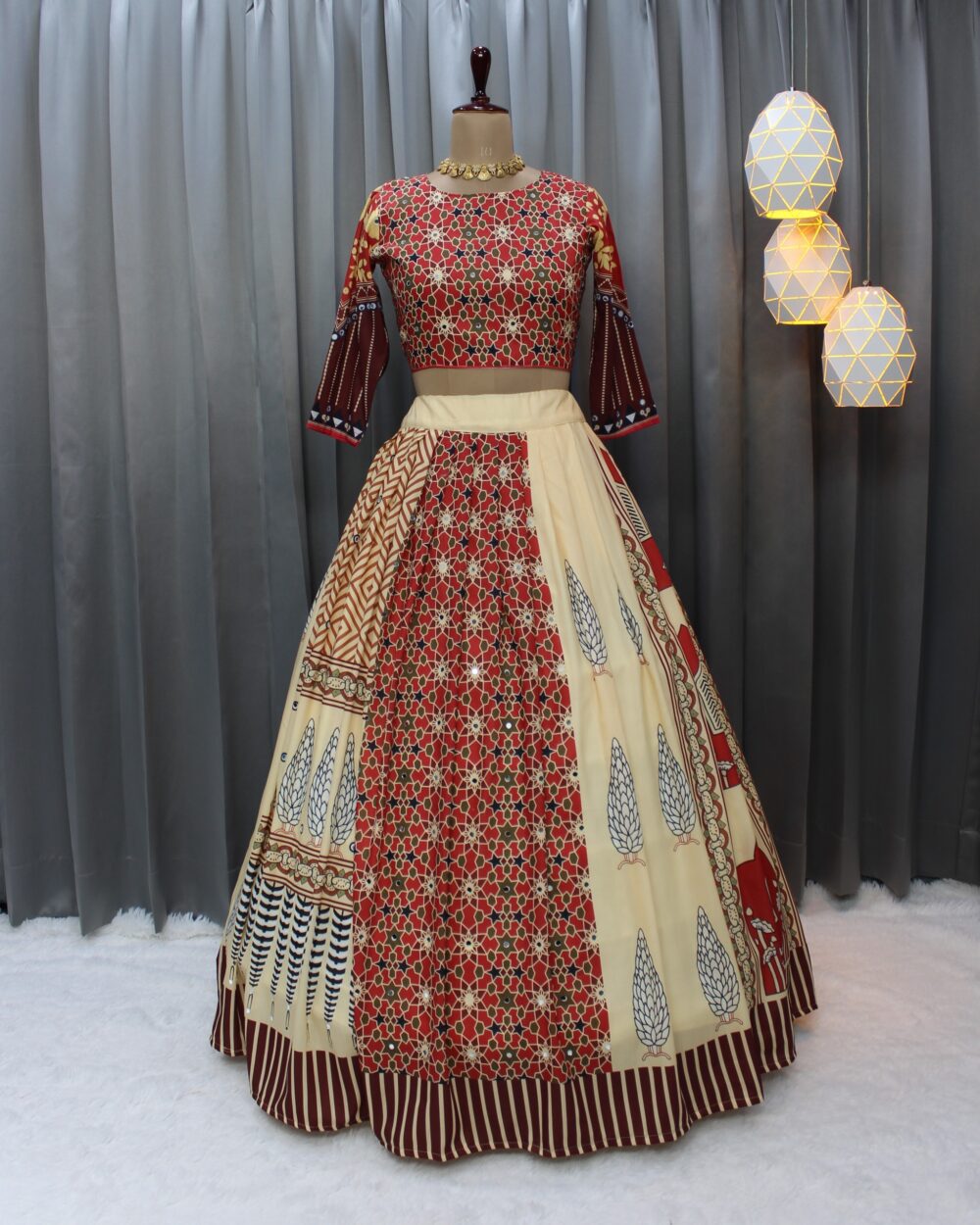 Beige & Maroon Traditional Ajrakh Print Lehenga Set - Image 7
