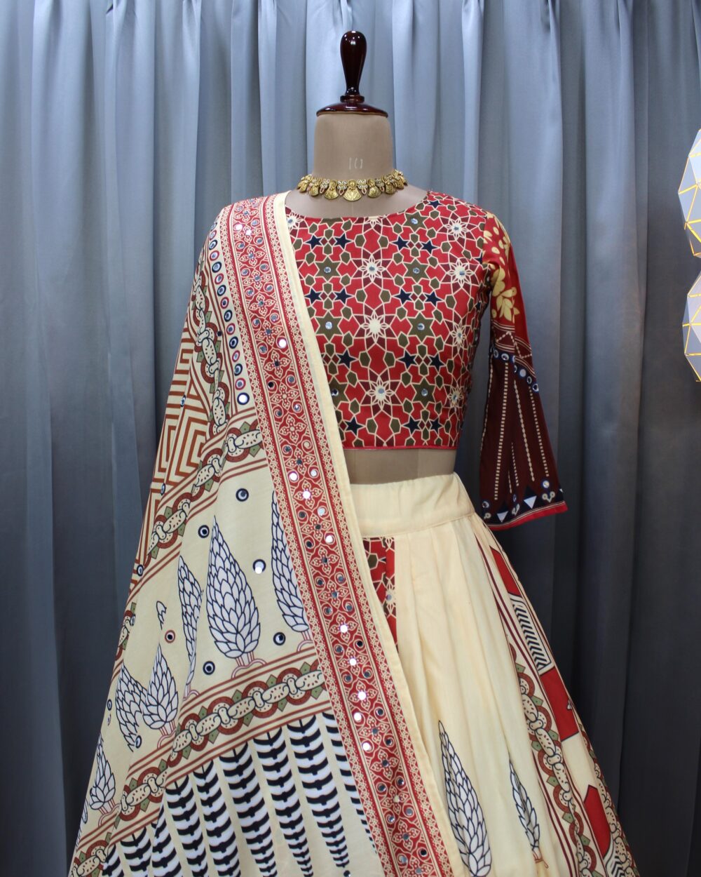 Beige & Maroon Traditional Ajrakh Print Lehenga Set - Image 6