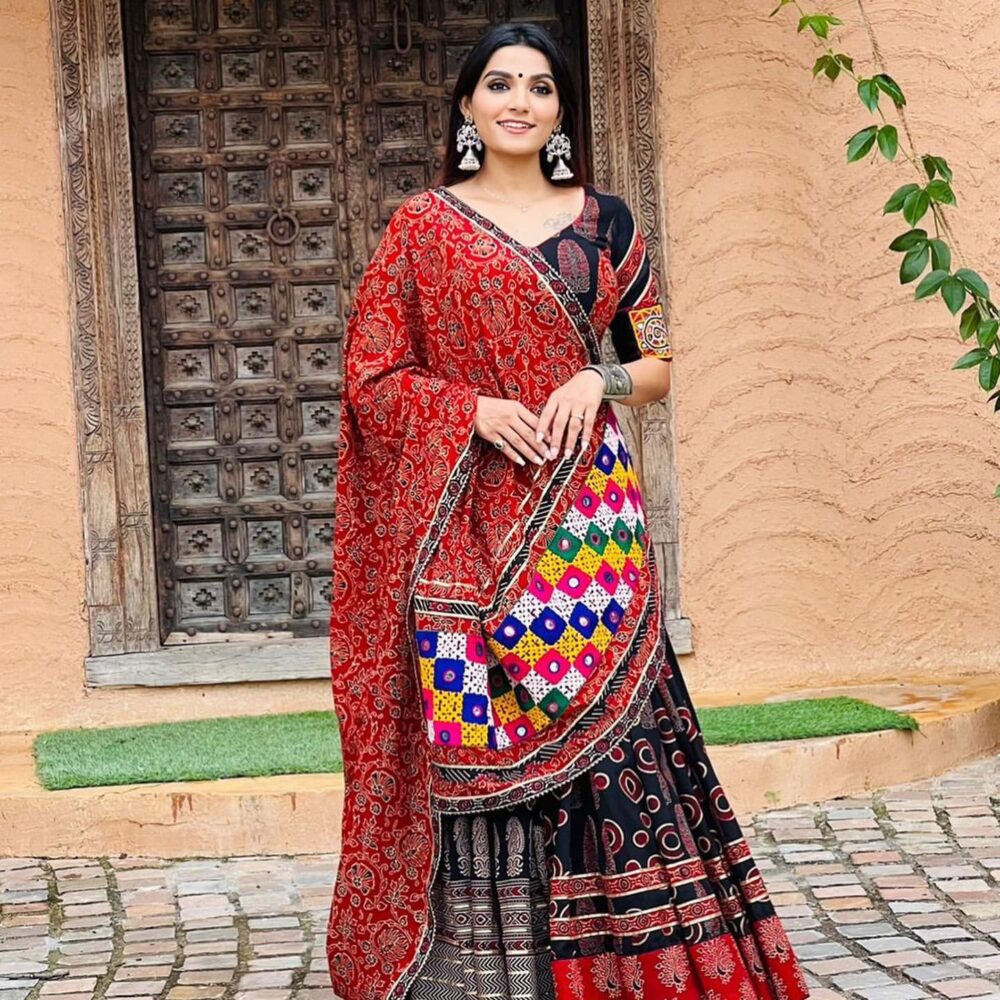 Traditional Red & Black Kutchi Mirror Work Lehenga Set - Image 2