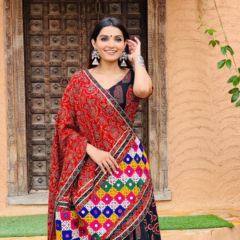 Traditional Red & Black Kutchi Mirror Work Lehenga Set - Image 3