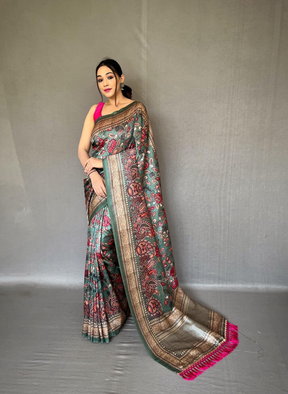 Emerald Green Digital Print Silk Saree – Floral Zari Border with Pink Tassels - Image 4