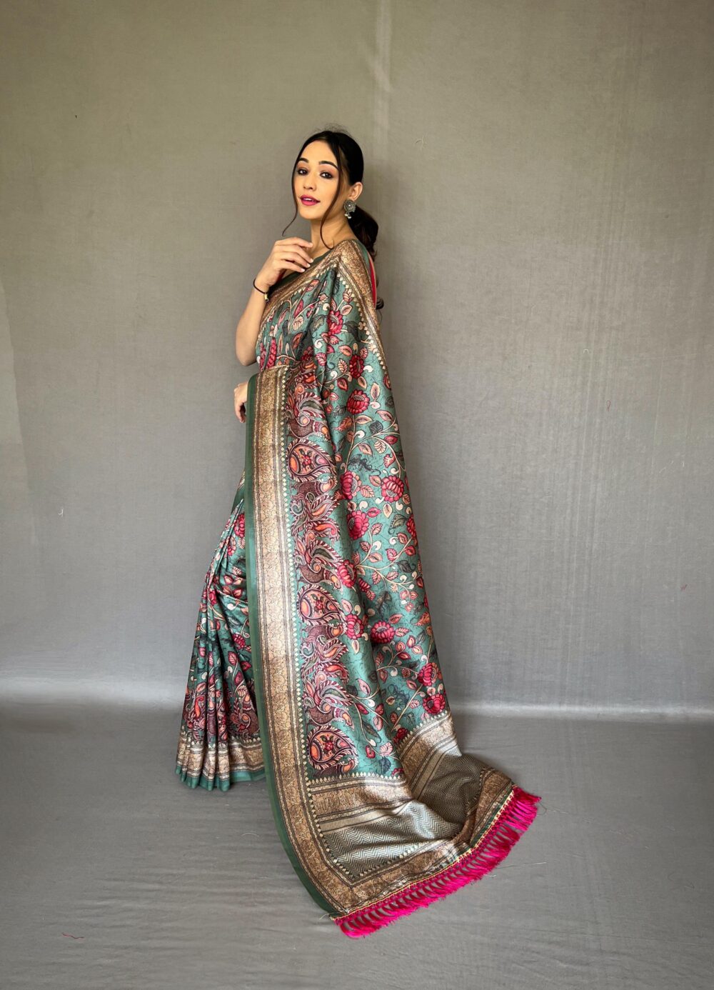 Emerald Green Digital Print Silk Saree – Floral Zari Border with Pink Tassels - Image 3