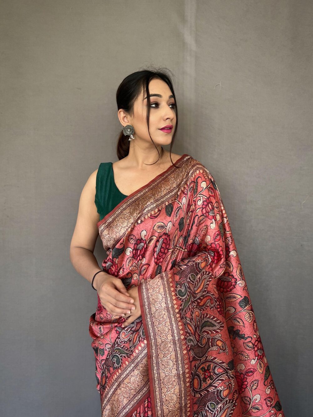 Blush Pink Digital Print Silk Saree – Floral Elegance with Antique Zari Border