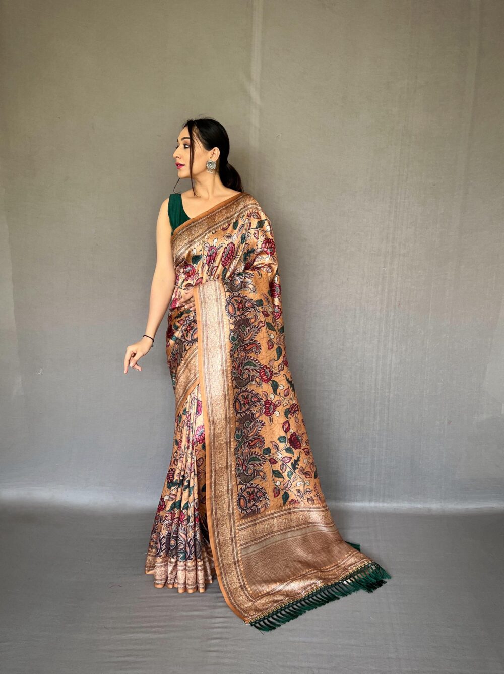 Regal Digital Print Silk Saree – Golden Hue with Multicolor Floral Design - Image 4