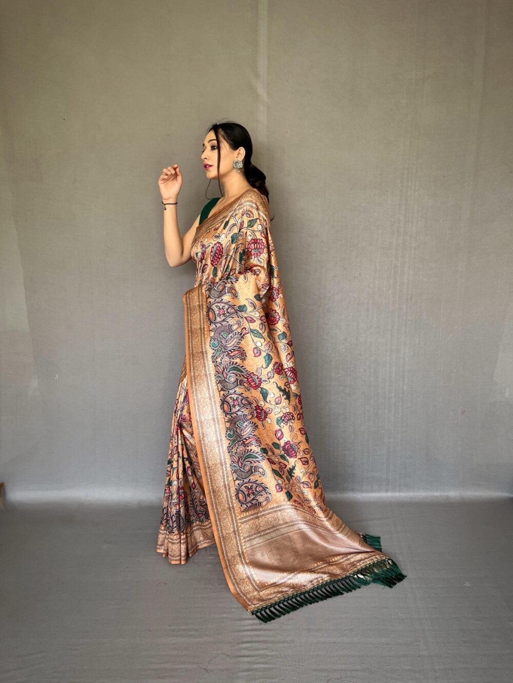 Regal Digital Print Silk Saree – Golden Hue with Multicolor Floral Design - Image 3
