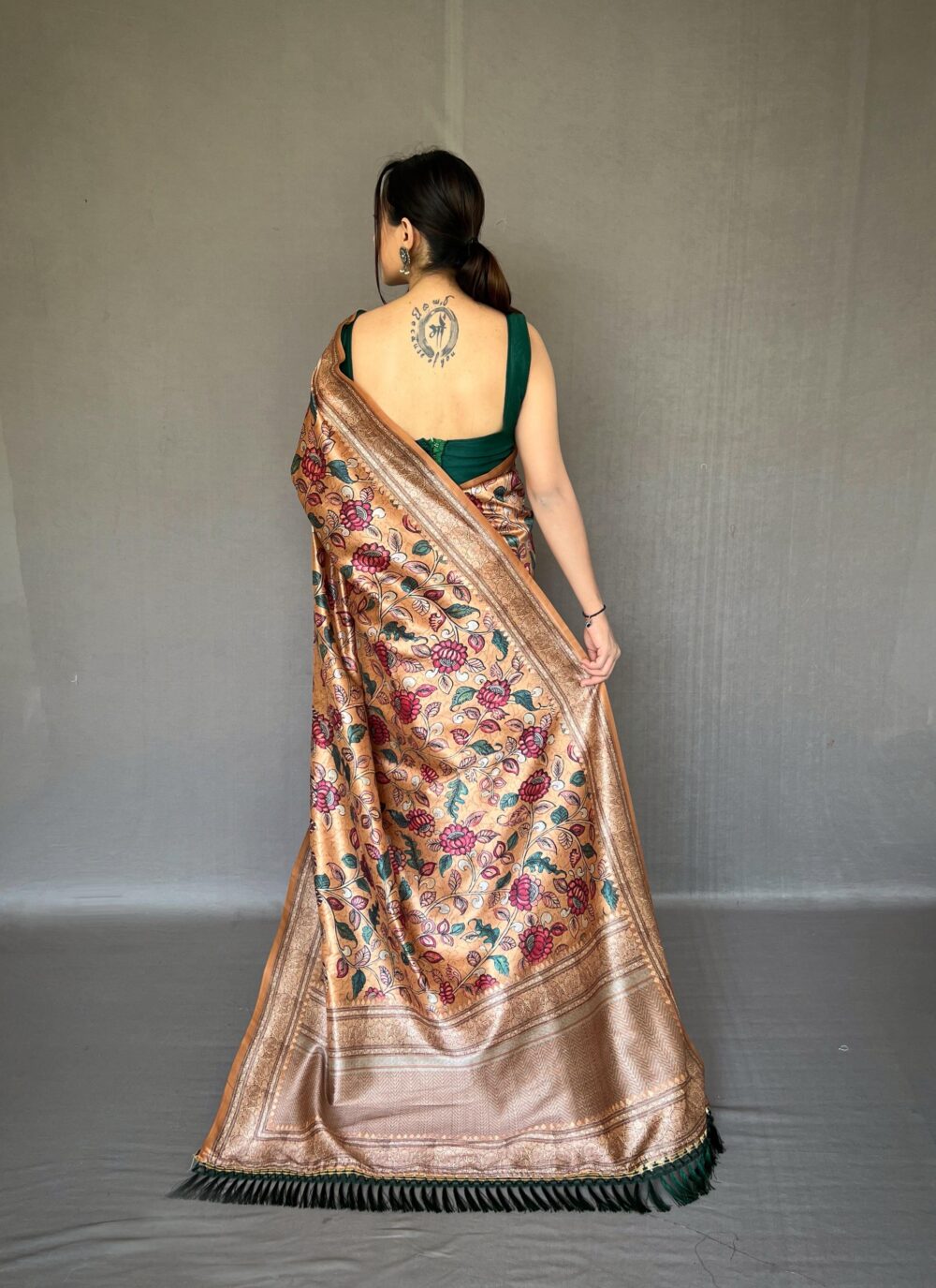 Regal Digital Print Silk Saree – Golden Hue with Multicolor Floral Design - Image 2