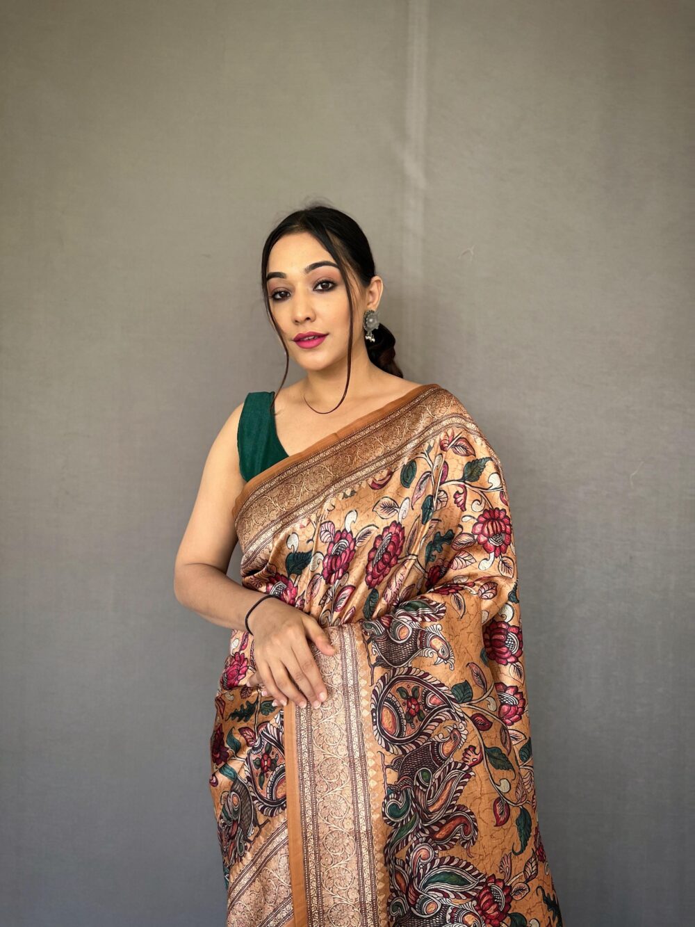 Regal Digital Print Silk Saree – Golden Hue with Multicolor Floral Design