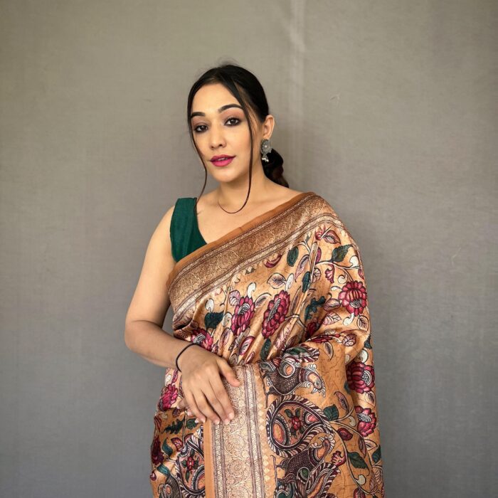 Regal Digital Print Silk Saree – Golden Hue with Multicolor Floral Design