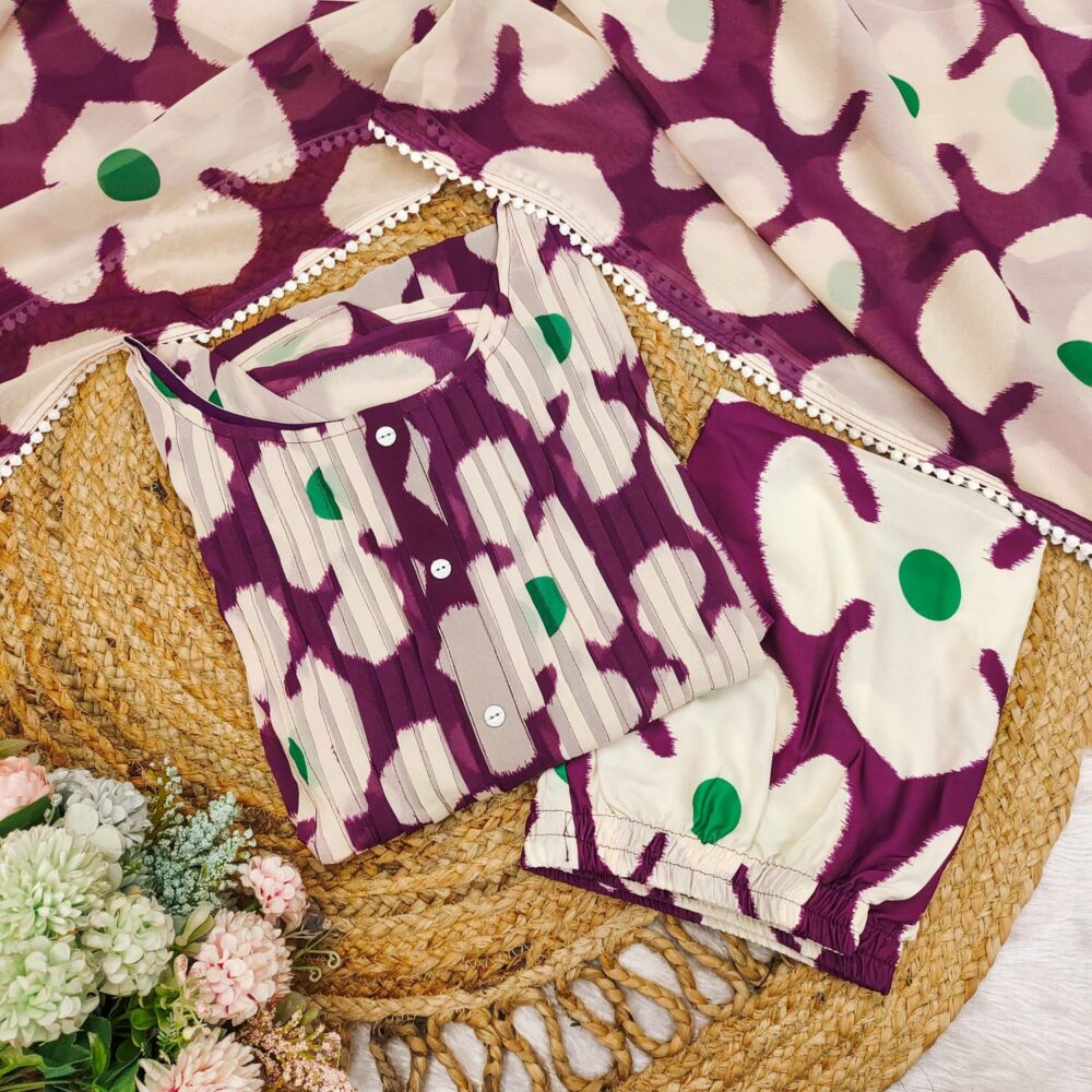 X-Lady Floral Bliss Anarkali Purple Kurti Set – 3 Piece (Gown, Pant & Dupatta)
