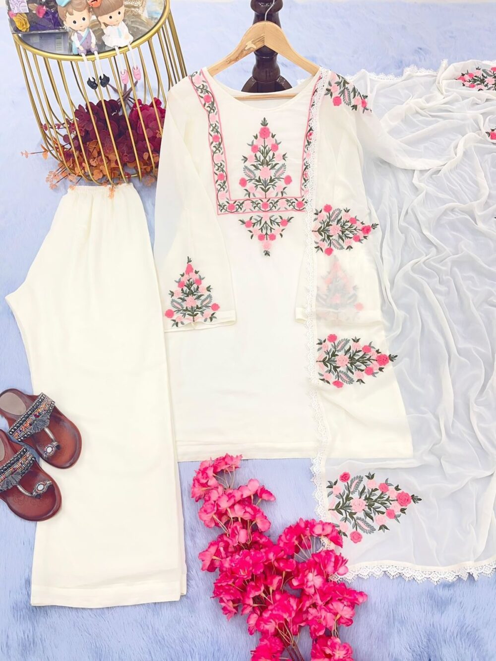 Noor-e-Nazakat – Elegant Off-White Embroidered Kurti Set (3-Piece) - Image 3