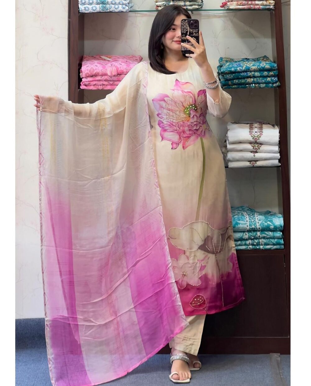 Lotus Bloom 3-Piece Designer Muslin Silk Kurti Set - Image 5