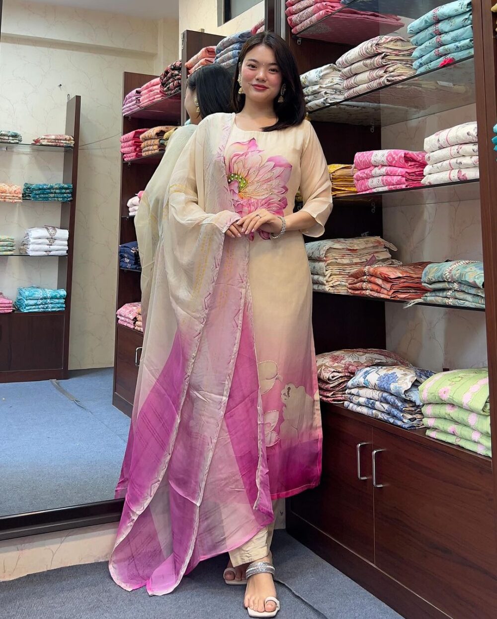 Lotus Bloom 3-Piece Designer Muslin Silk Kurti Set - Image 2