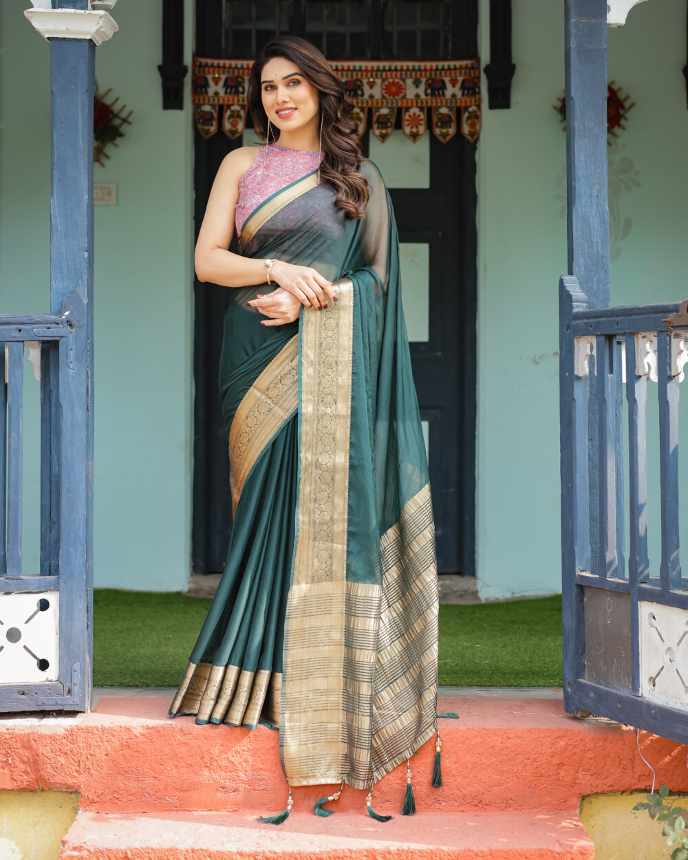 Deep Teal Grace Chiffon Saree - Image 2
