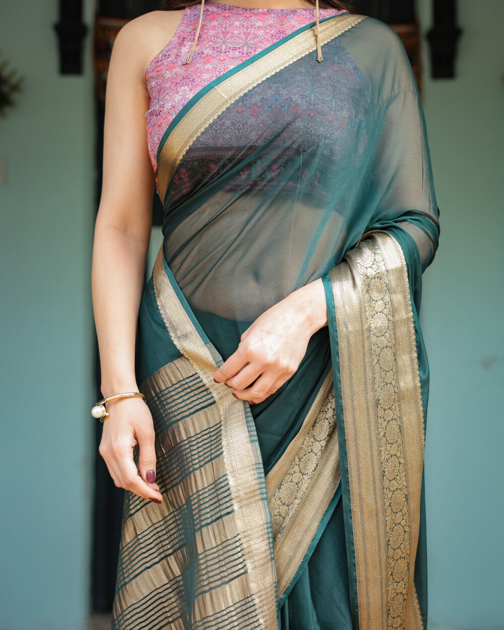Deep Teal Grace Chiffon Saree - Image 3