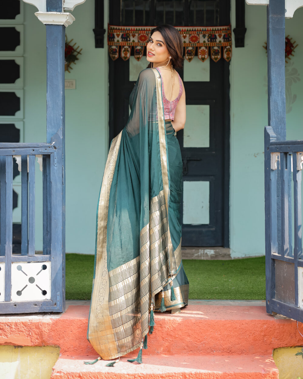Deep Teal Grace Chiffon Saree - Image 5