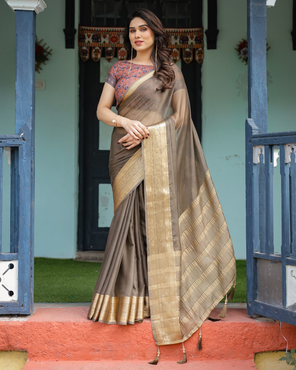 Classic Coffee Brown Chiffon Saree - Image 2