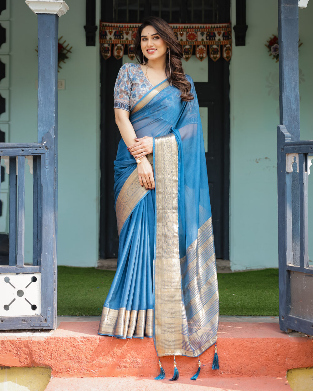 Premium Turquoise Blue Chiffon Saree