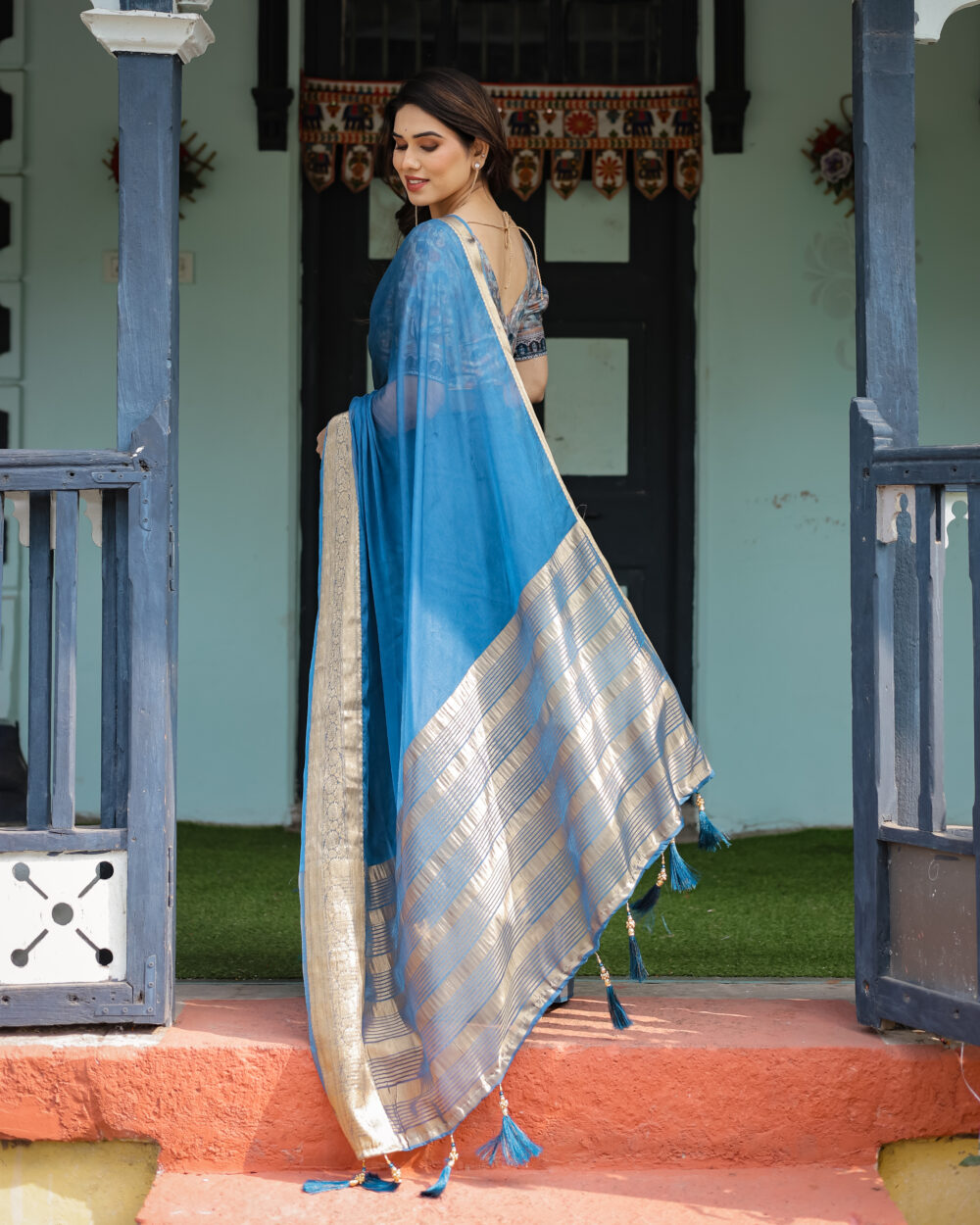 Premium Turquoise Blue Chiffon Saree - Image 3