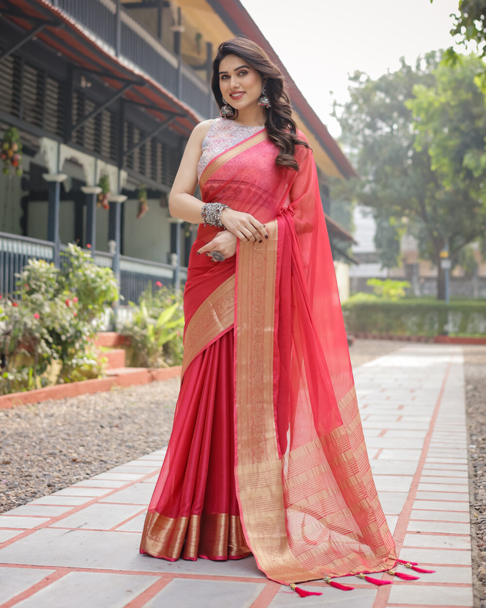 Trendy Coral Red Chiffon Saree