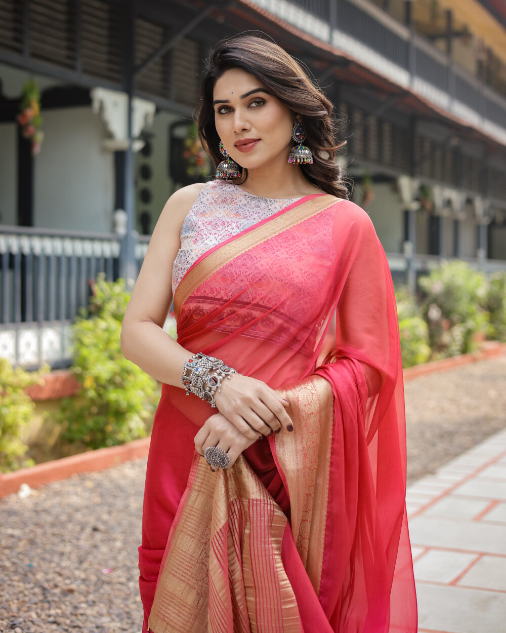 Trendy Coral Red Chiffon Saree - Image 3