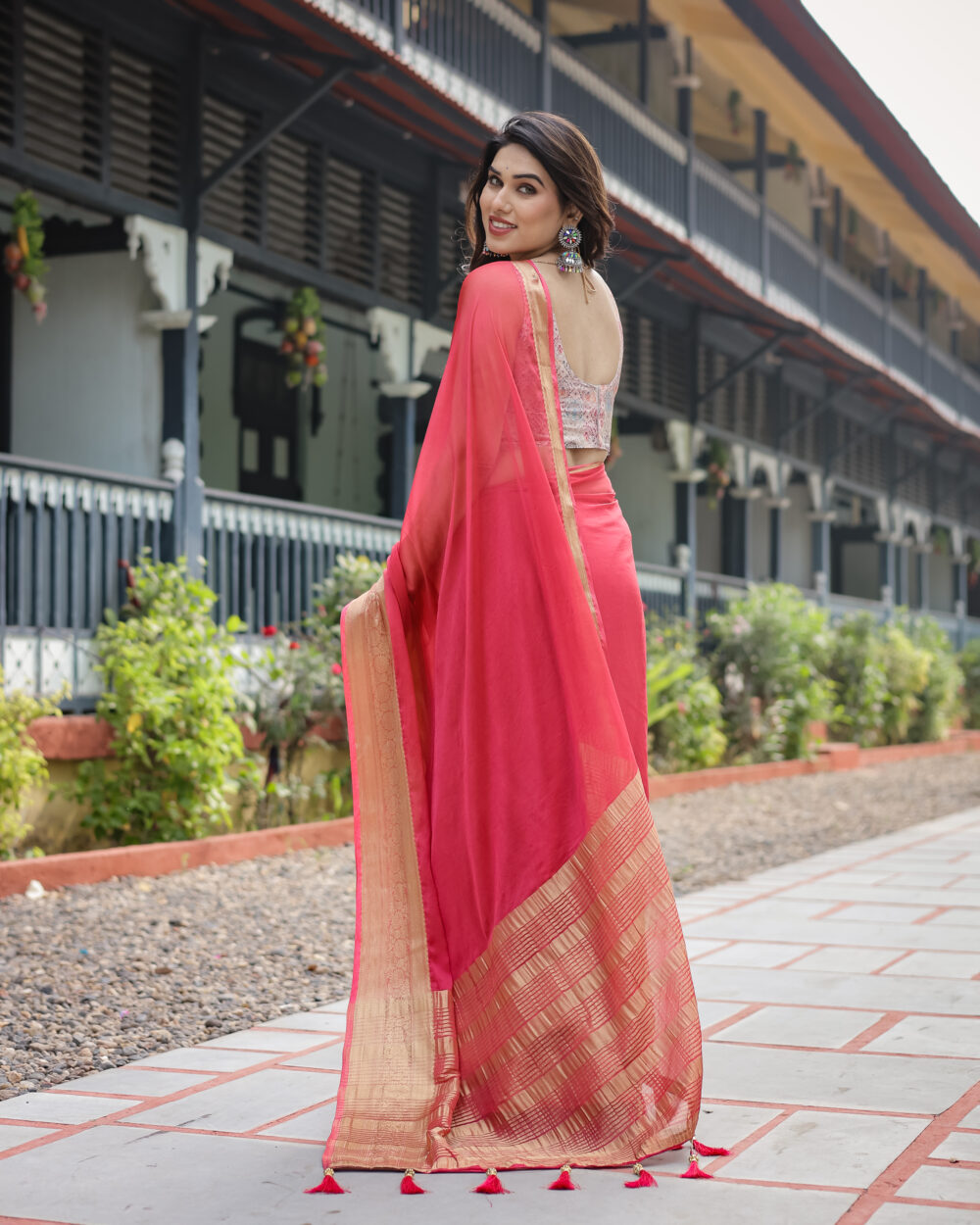 Trendy Coral Red Chiffon Saree - Image 2