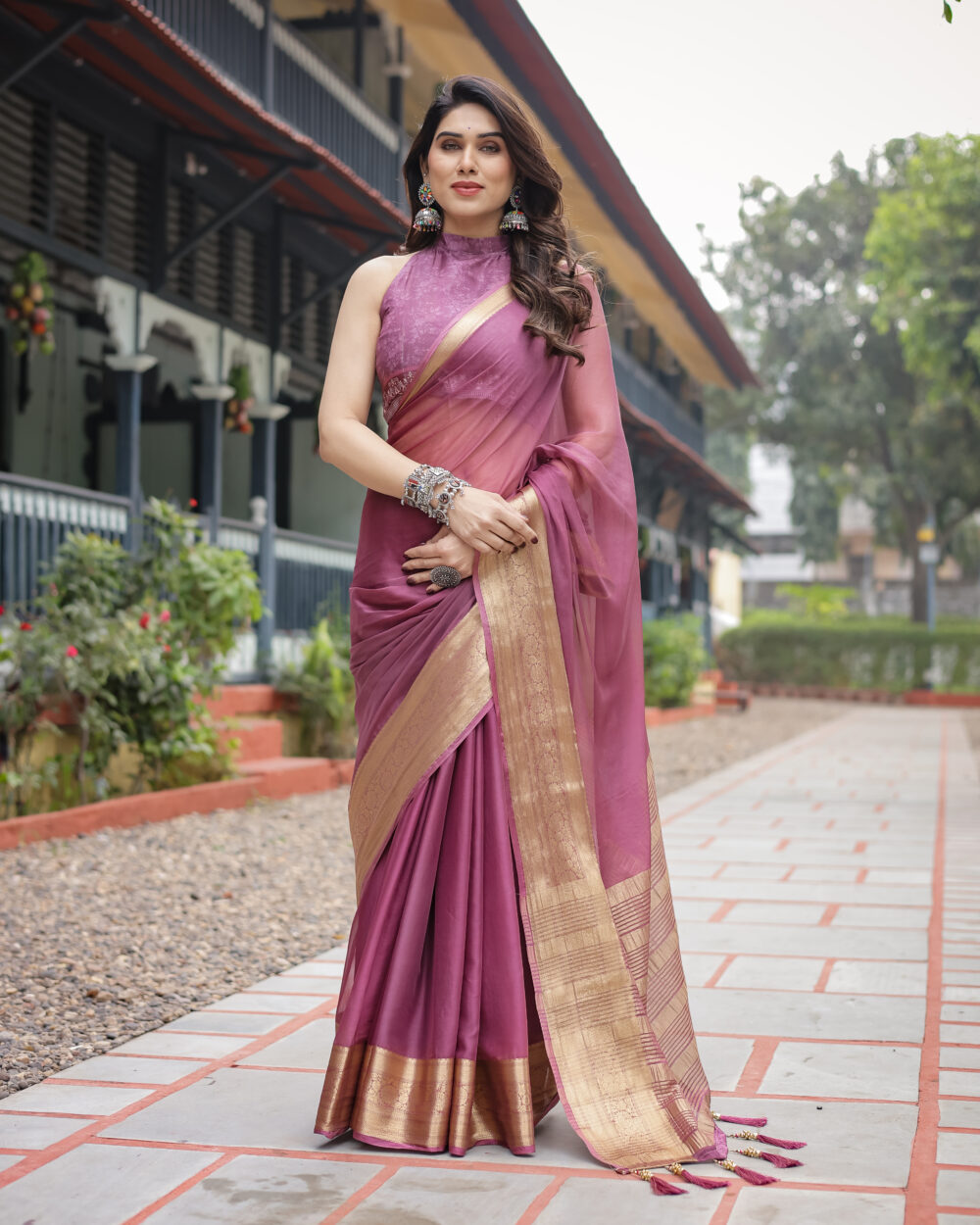 Mauve Pink Chiffon Saree