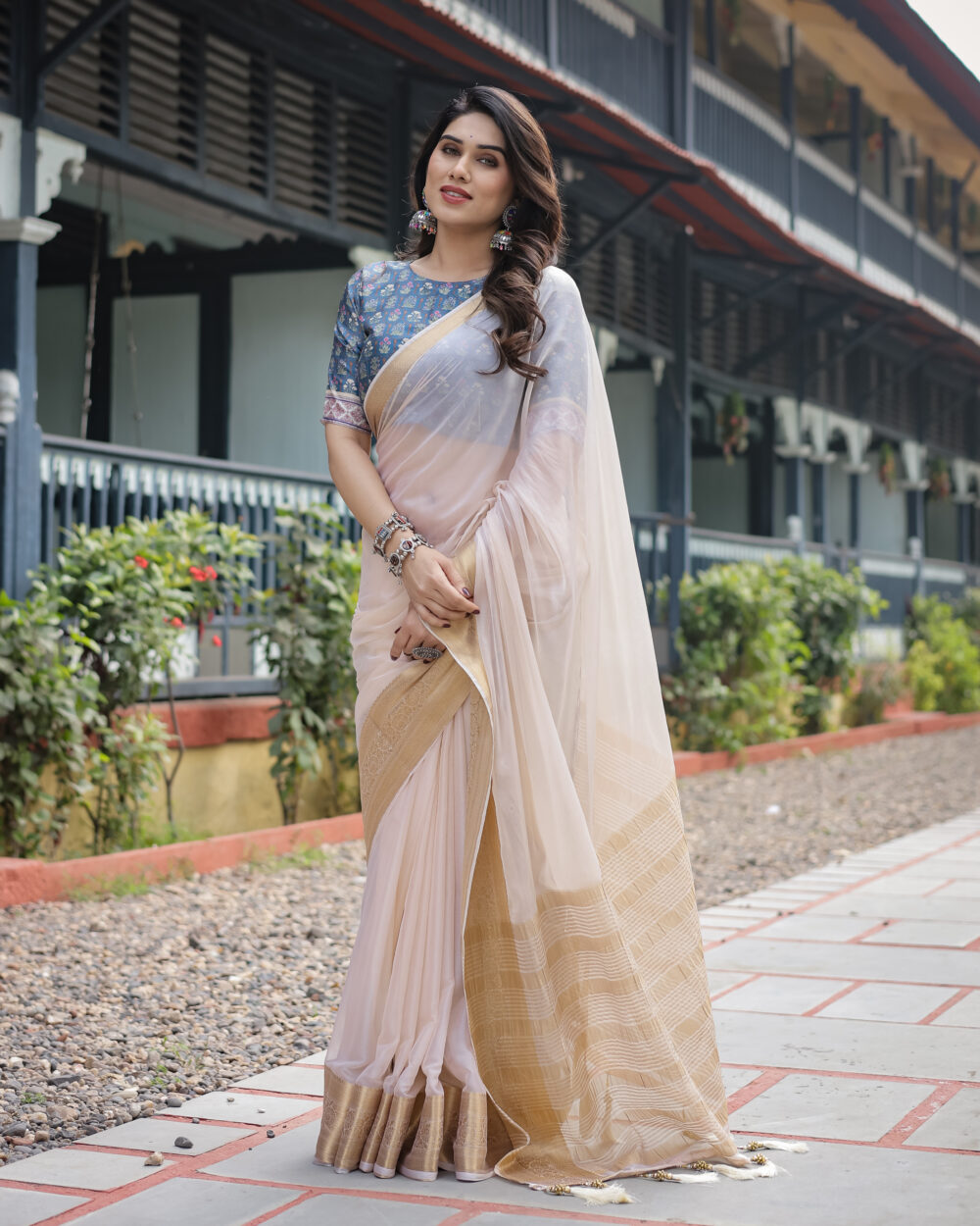 Elegant Cream White Chiffon Saree