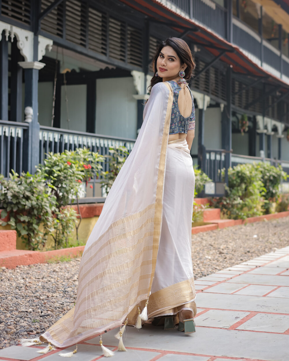 Elegant Cream White Chiffon Saree - Image 2