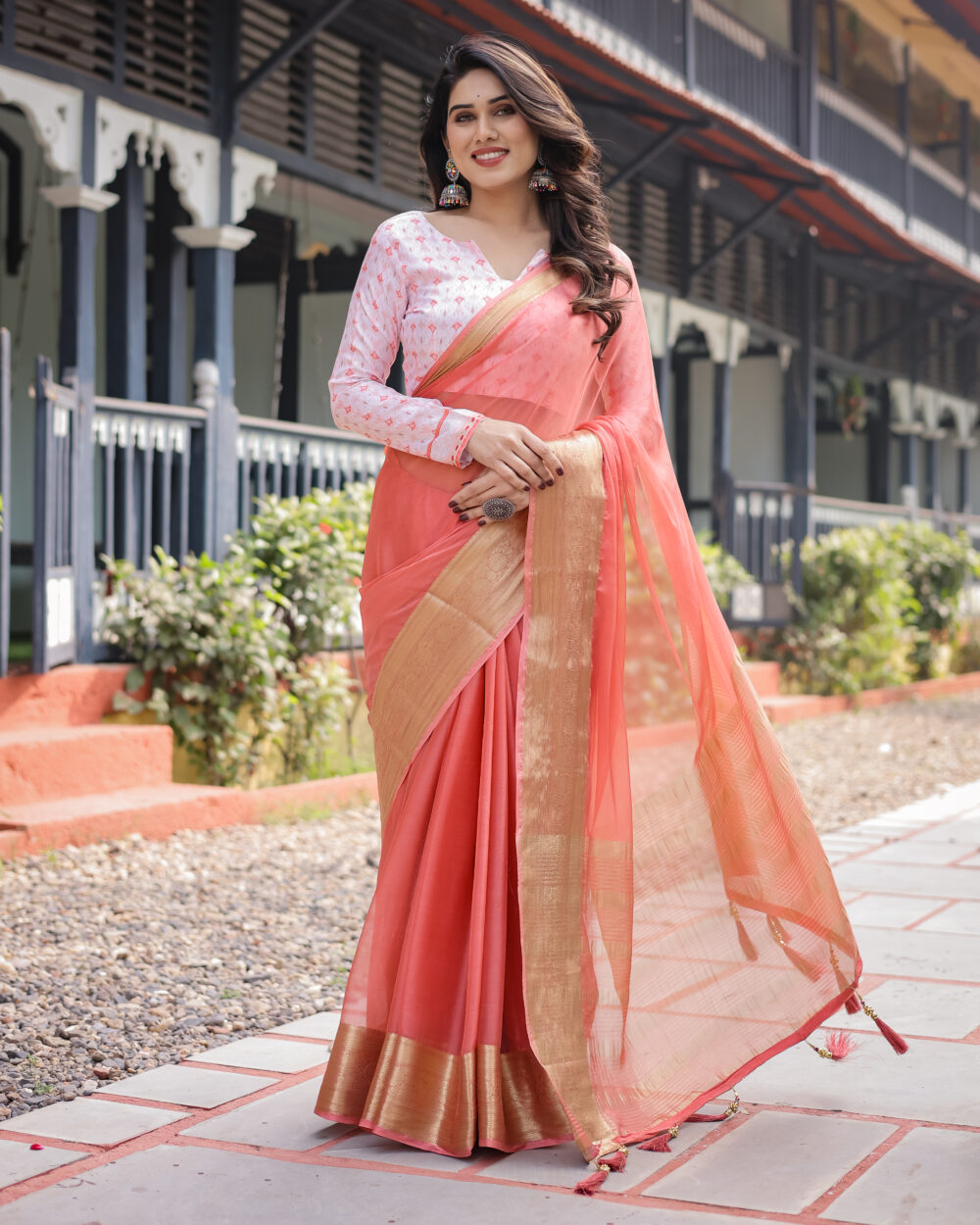 Peach Pink Chiffon Saree