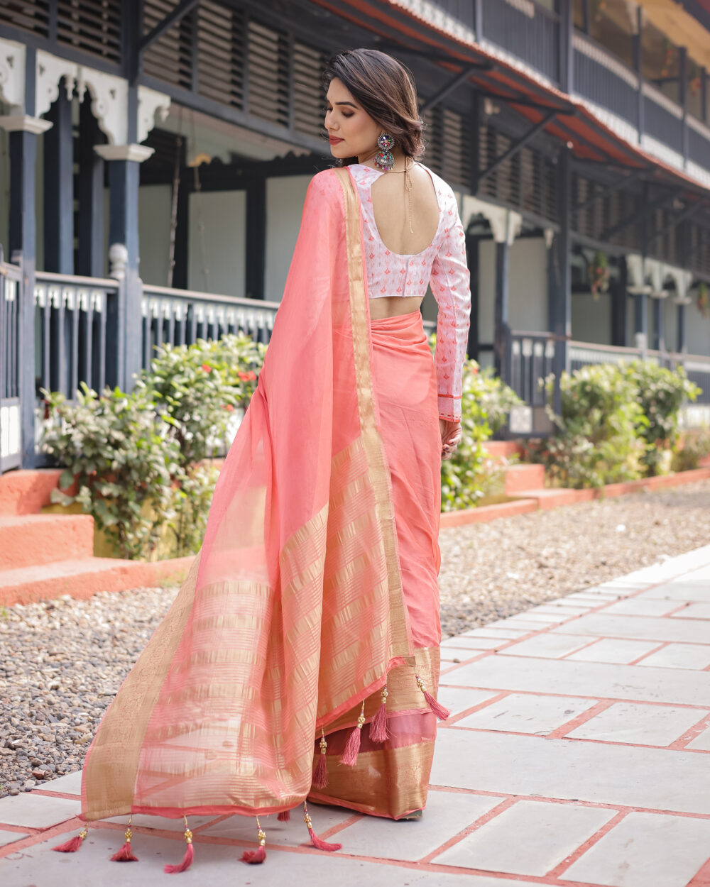 Peach Pink Chiffon Saree - Image 2