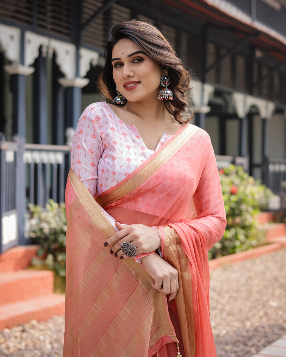 Peach Pink Chiffon Saree - Image 4